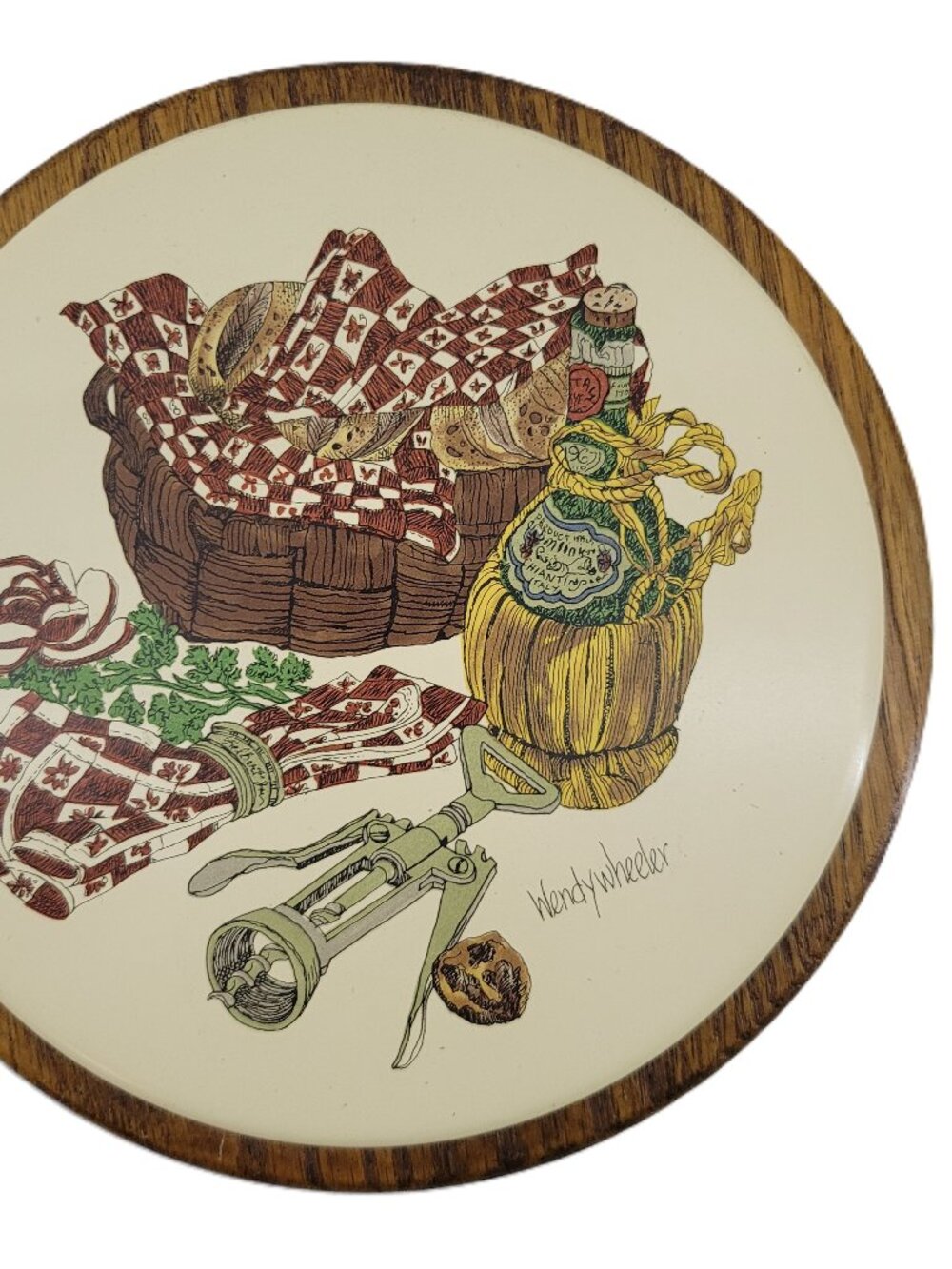 Wendy Wheeler Oak Wood Framed Tile Trivet Signed Collectible Round 7” Italy Wine